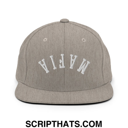 Gray heather snapback cap with white embroidered mafia lettering and flat bill brim in upside down design