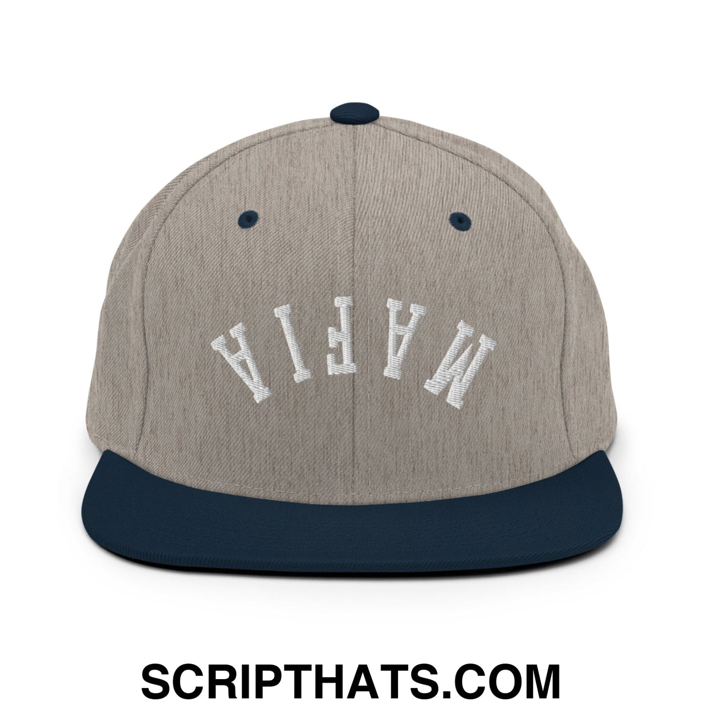 Gray and navy blue flat bill snapback hat with white embroidered mafia lettering in upside down style