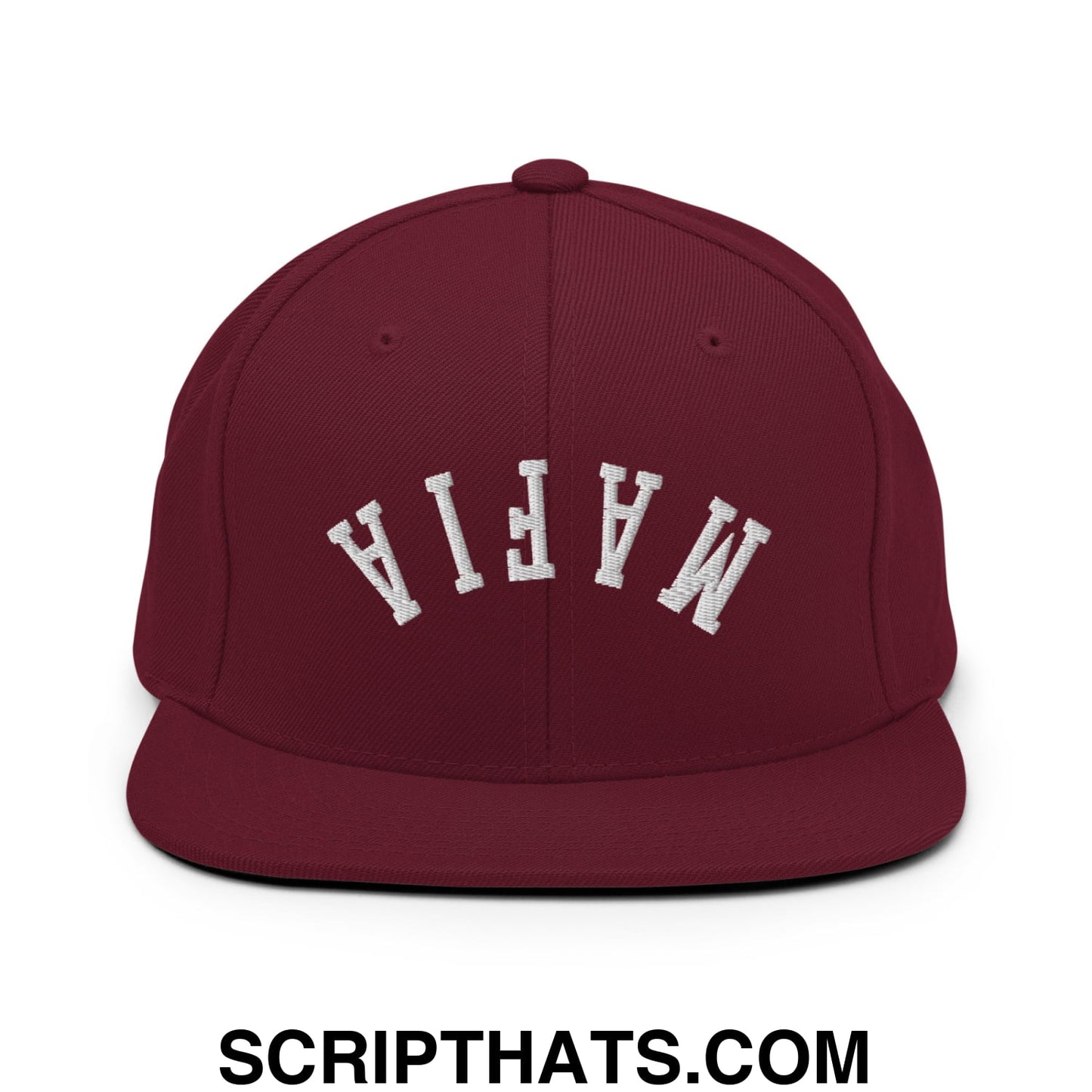 Maroon snapback cap with white embroidered mafia lettering and flat bill brim in upside down mafia design