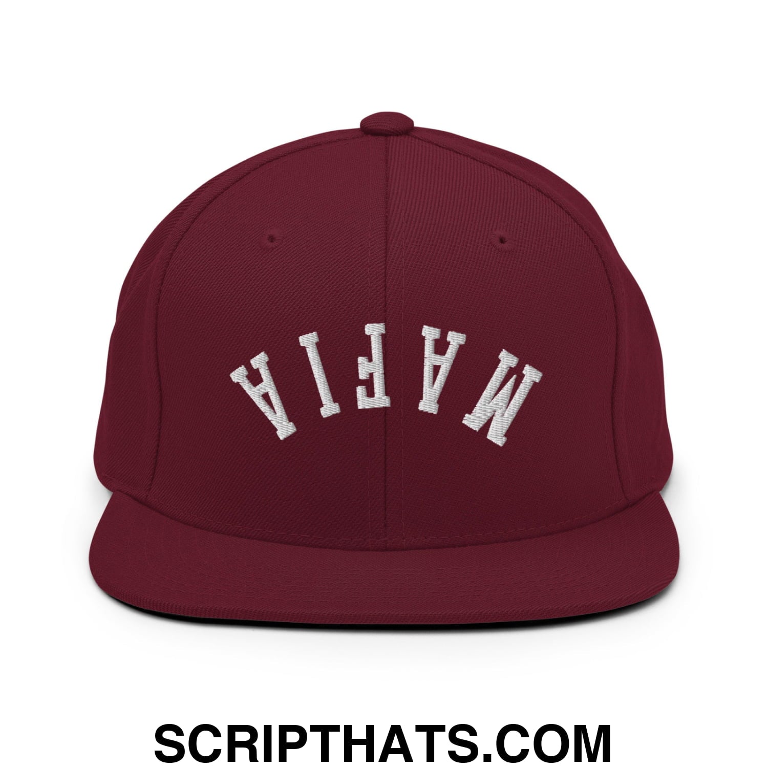 Maroon snapback cap with white embroidered mafia lettering and flat bill brim in upside down mafia design