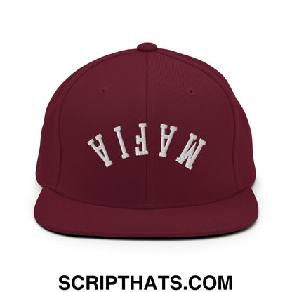 Maroon snapback cap with white embroidered mafia lettering and flat bill brim in upside down mafia design
