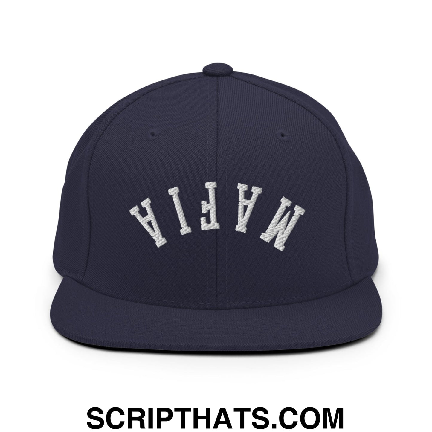 Navy blue snapback cap with white embroidered mafia lettering and flat bill brim in upside down mafia design