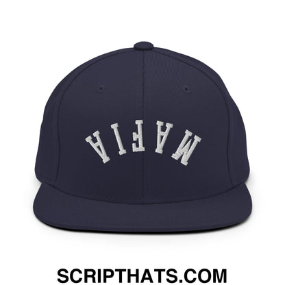 Navy blue snapback cap with white embroidered mafia lettering and flat bill brim in upside down mafia design