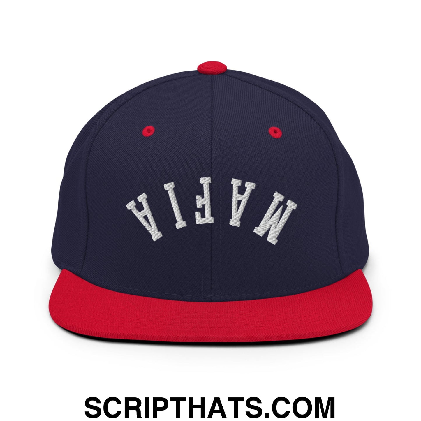 Navy blue and red snapback hat with white embroidered mafia lettering and flat bill brim for casual wear