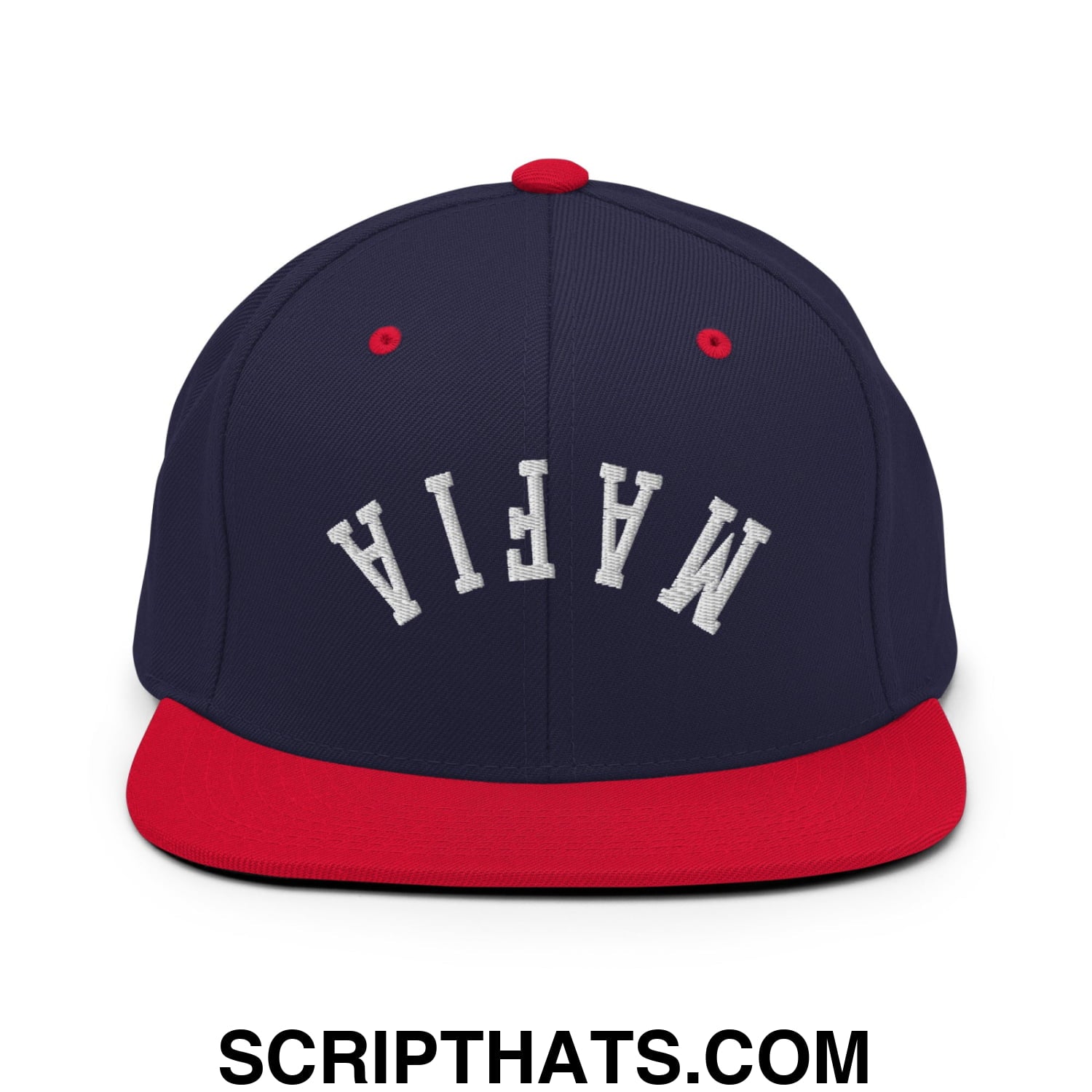 Navy blue and red snapback hat with white embroidered mafia lettering and flat bill brim for casual wear