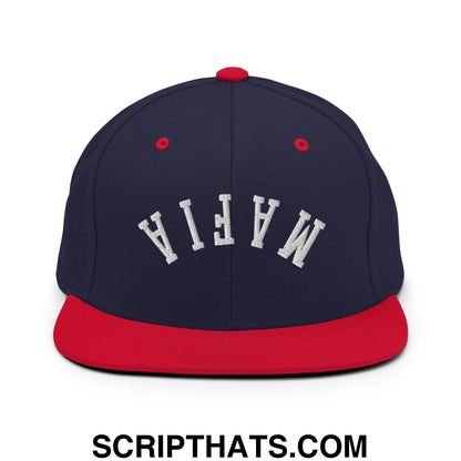 Navy blue and red snapback hat with white embroidered mafia lettering and flat bill brim for casual wear