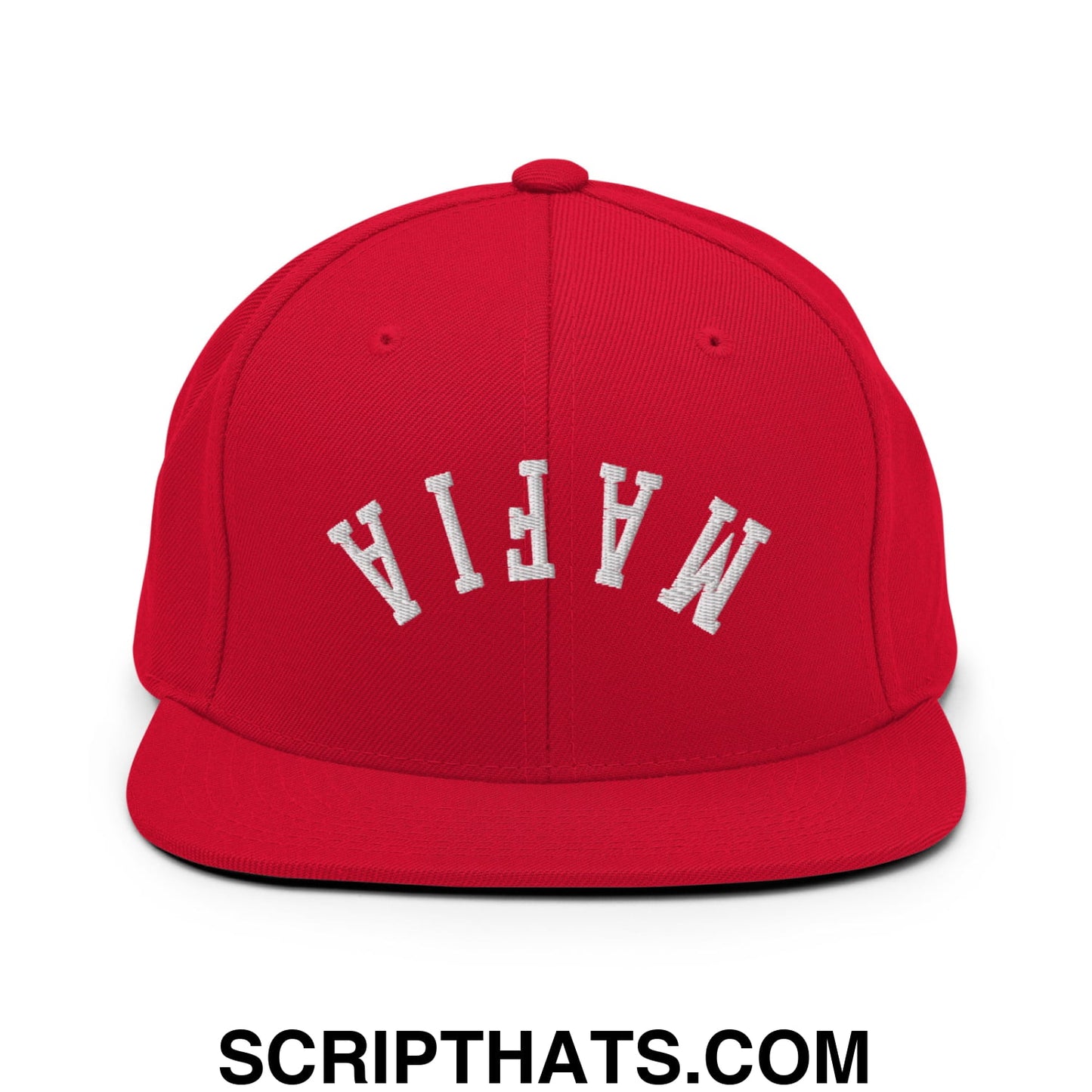 A vibrant red snapback hat with mafia embroidered in bold white on flat bill brim for casual wear
