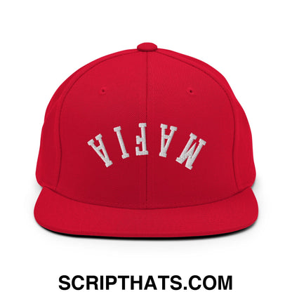 A vibrant red snapback hat with mafia embroidered in bold white on flat bill brim for casual wear