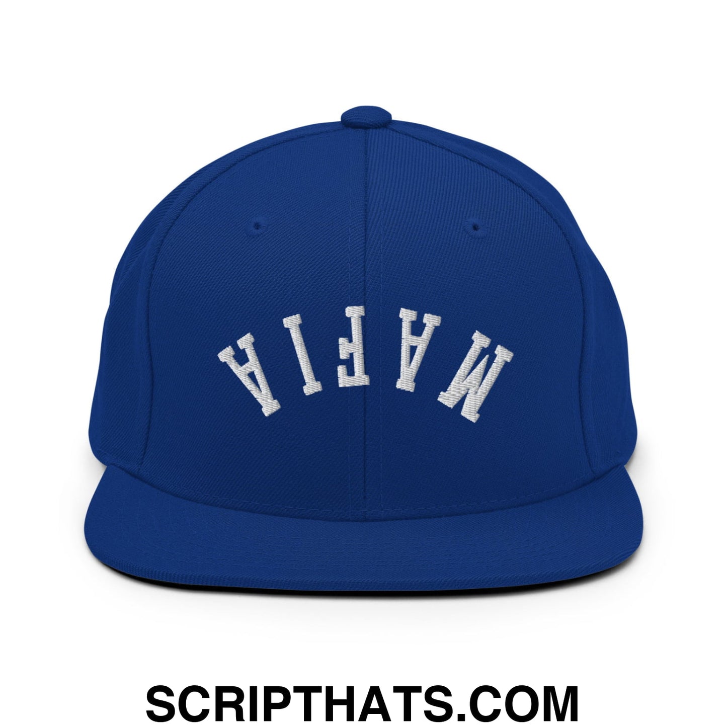 Royal blue snapback hat with white embroidered mafia lettering in a classic arched design and flat bill brim