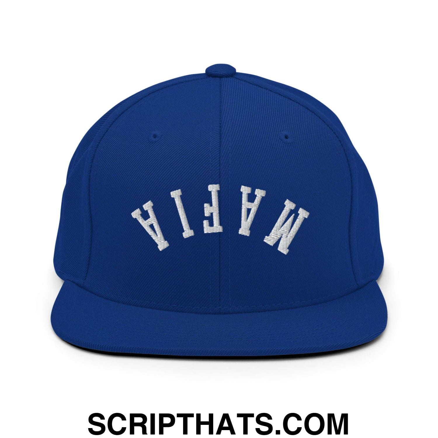 Royal blue snapback hat with white embroidered mafia lettering in a classic arched design and flat bill brim