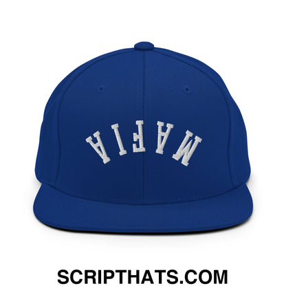 Royal blue snapback hat with white embroidered mafia lettering in a classic arched design and flat bill brim