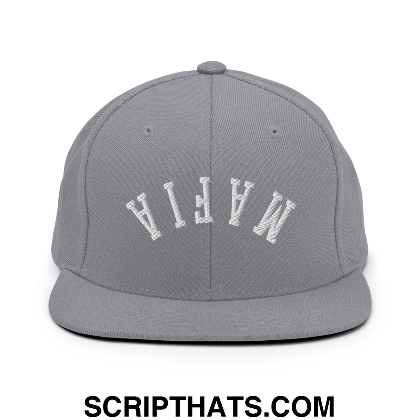 Gray snapback cap with white embroidered mafia lettering and flat bill brim in an upside down design