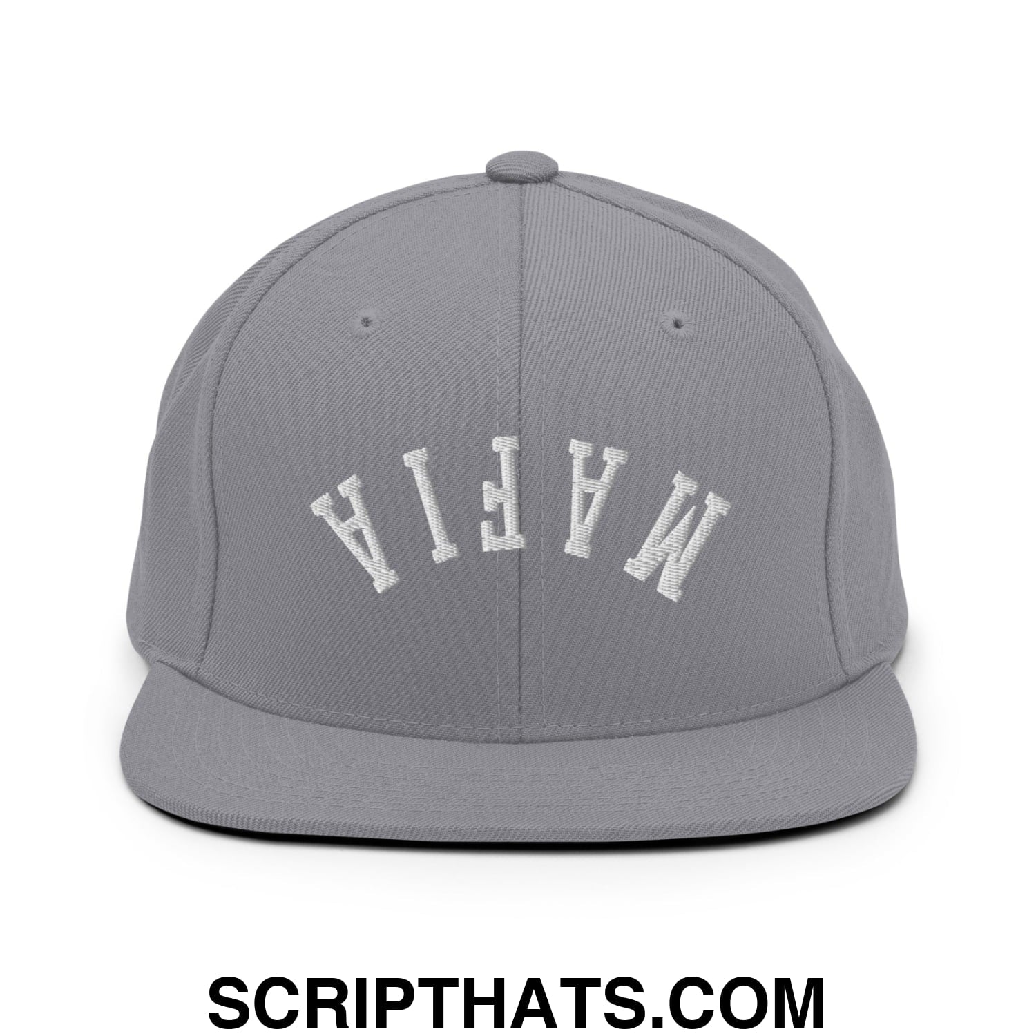 Gray snapback cap with white embroidered mafia lettering and flat bill brim in an upside down design