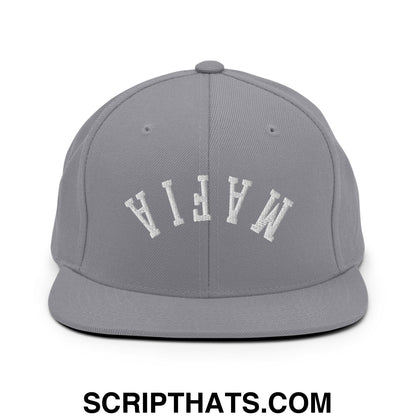 Gray snapback cap with white embroidered mafia lettering and flat bill brim in an upside down design