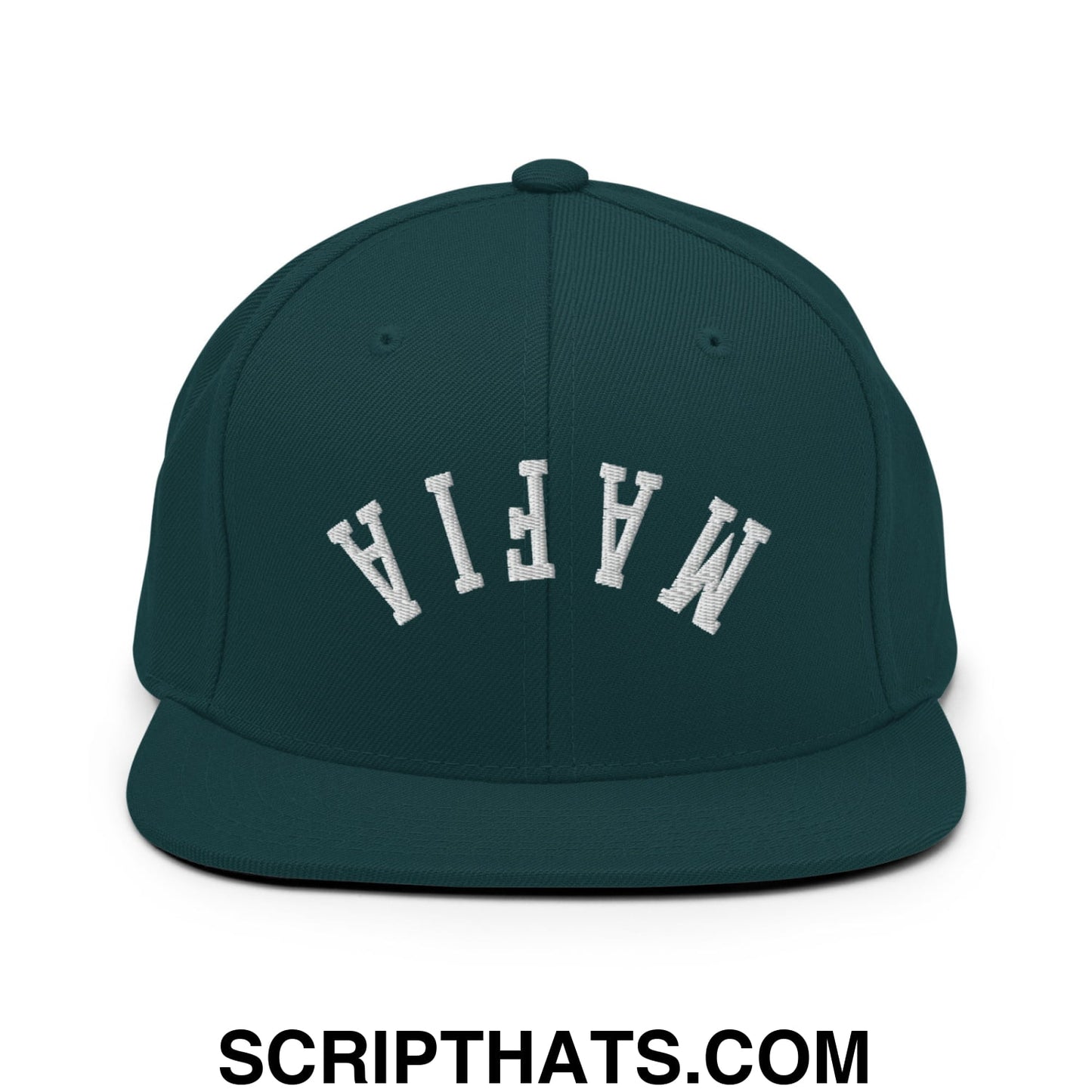 Dark green snapback hat with white embroidered mafia lettering and flat bill brim in an arched design