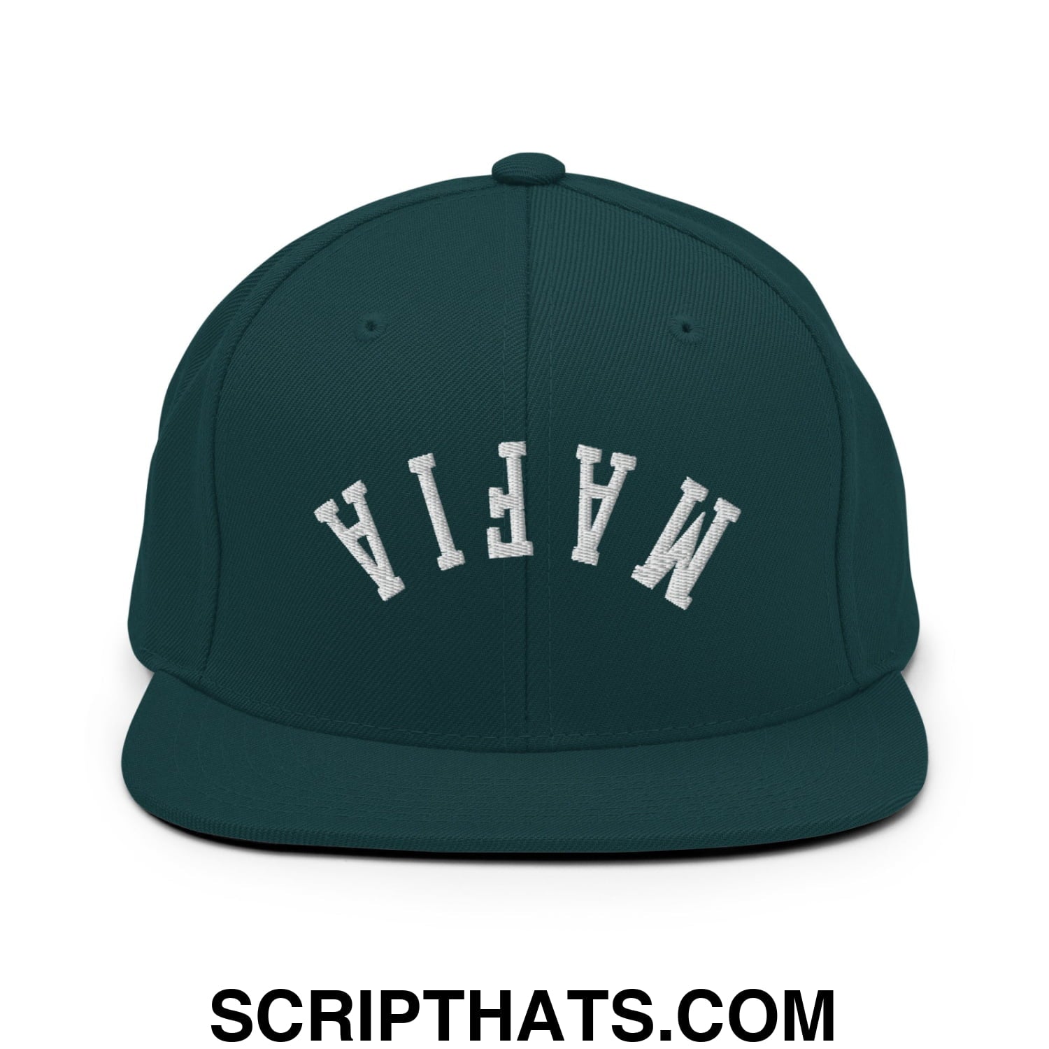 Dark green snapback hat with white embroidered mafia lettering and flat bill brim in an arched design