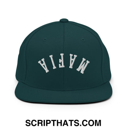 Dark green snapback hat with white embroidered mafia lettering and flat bill brim in an arched design