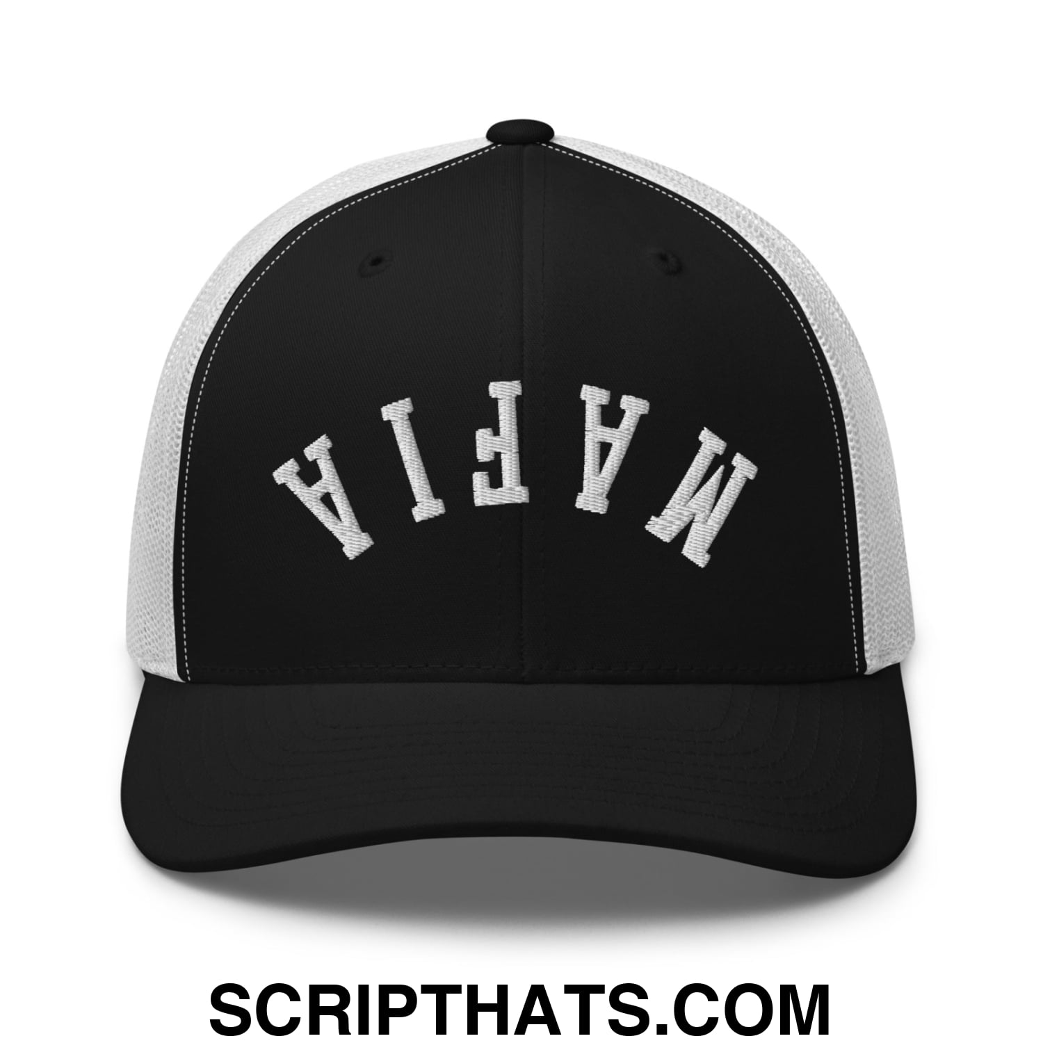Black and white mesh trucker hat with mafia embroidered in bold arched lettering on the front panel