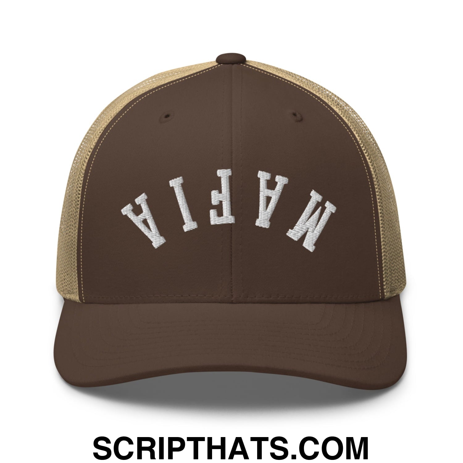 Brown and tan mesh trucker hat with white embroidered mafia lettering from upside down mafia collection