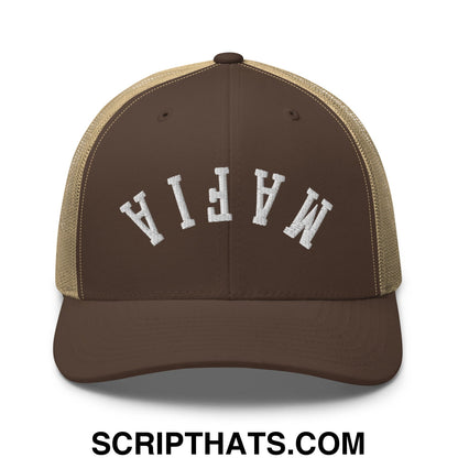 Brown and tan mesh trucker hat with white embroidered mafia lettering from upside down mafia collection