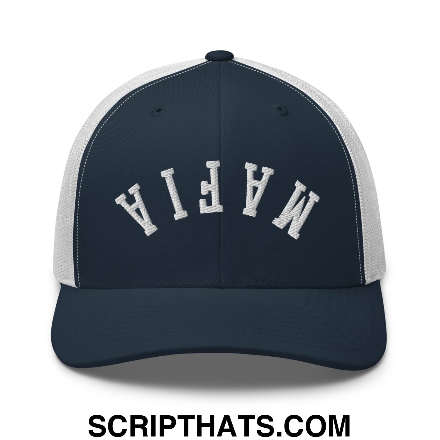 Navy blue and white mesh trucker hat with mafia embroidered in arched lettering on the front panel
