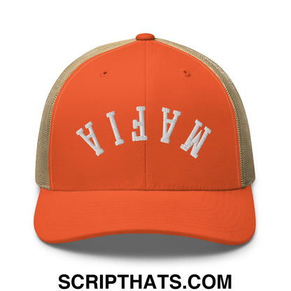 Orange and beige mesh trucker hat with white embroidered mafia lettering in upside down mafia design
