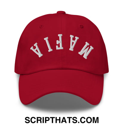 Red upside down mafia embroidered unstructured dad hat with white arched lettering on front panel