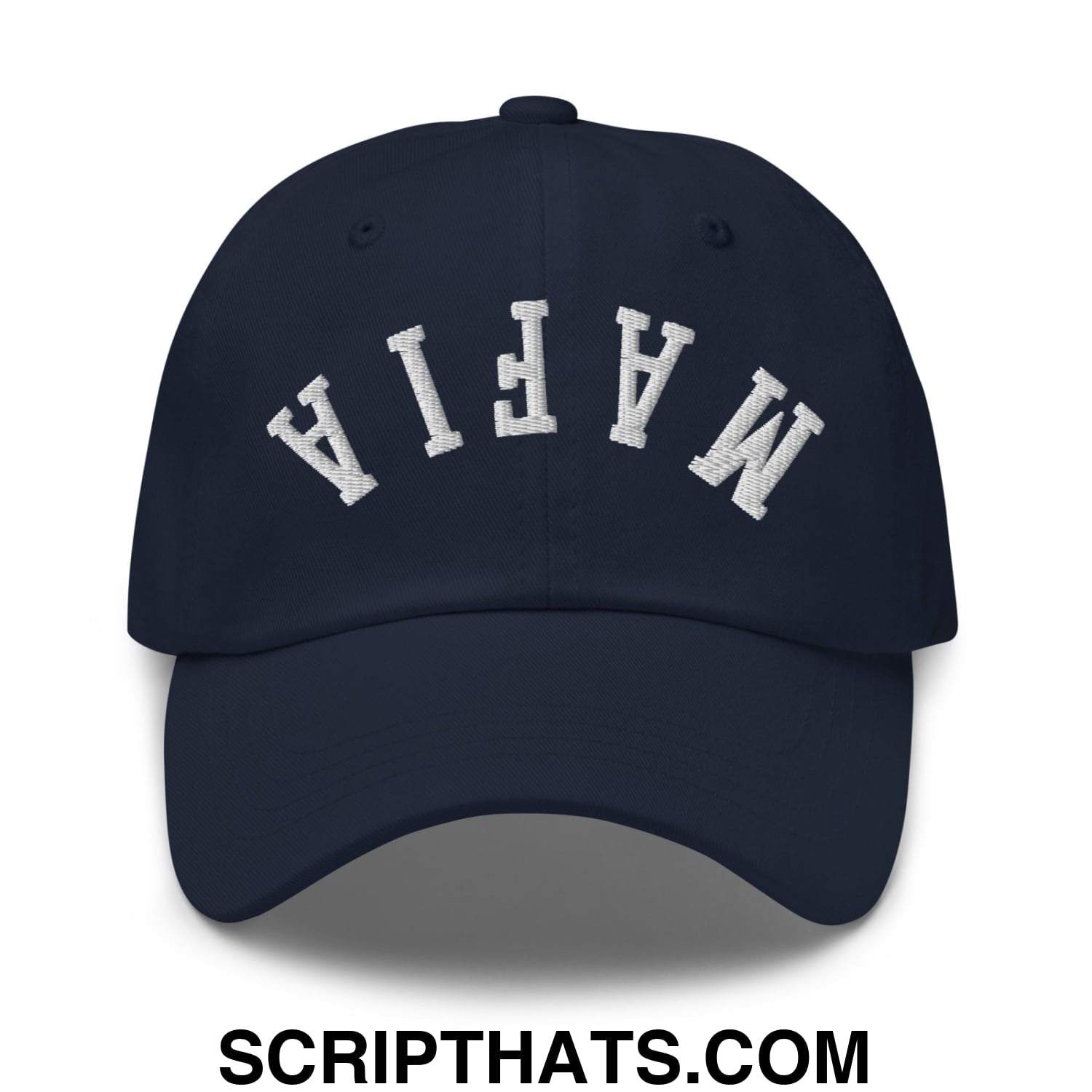 Navy blue unstructured dad hat with white arched mafia embroidery on the front for casual wear