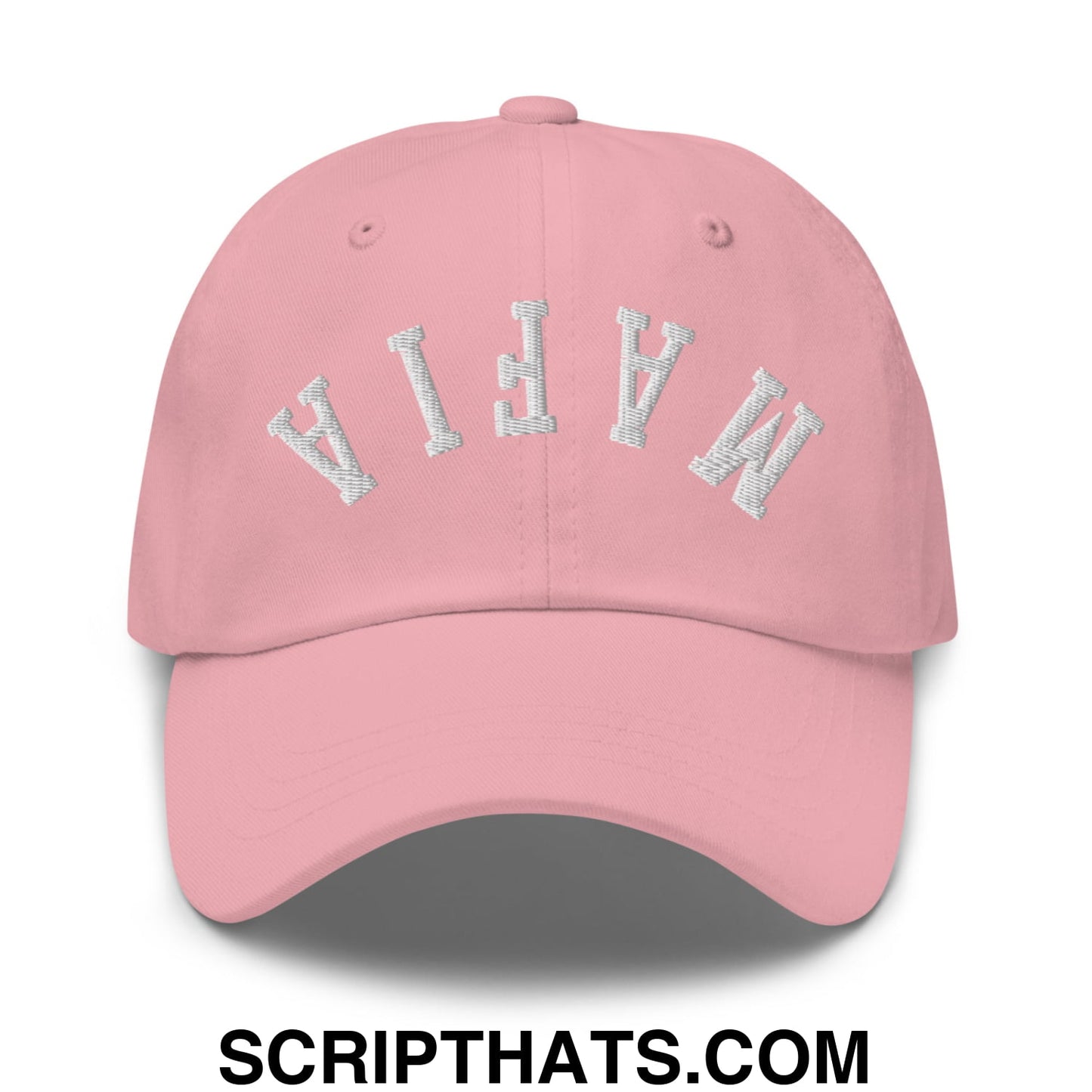 A soft pink unstructured dad hat with mafia embroidered in white arched lettering across the front
