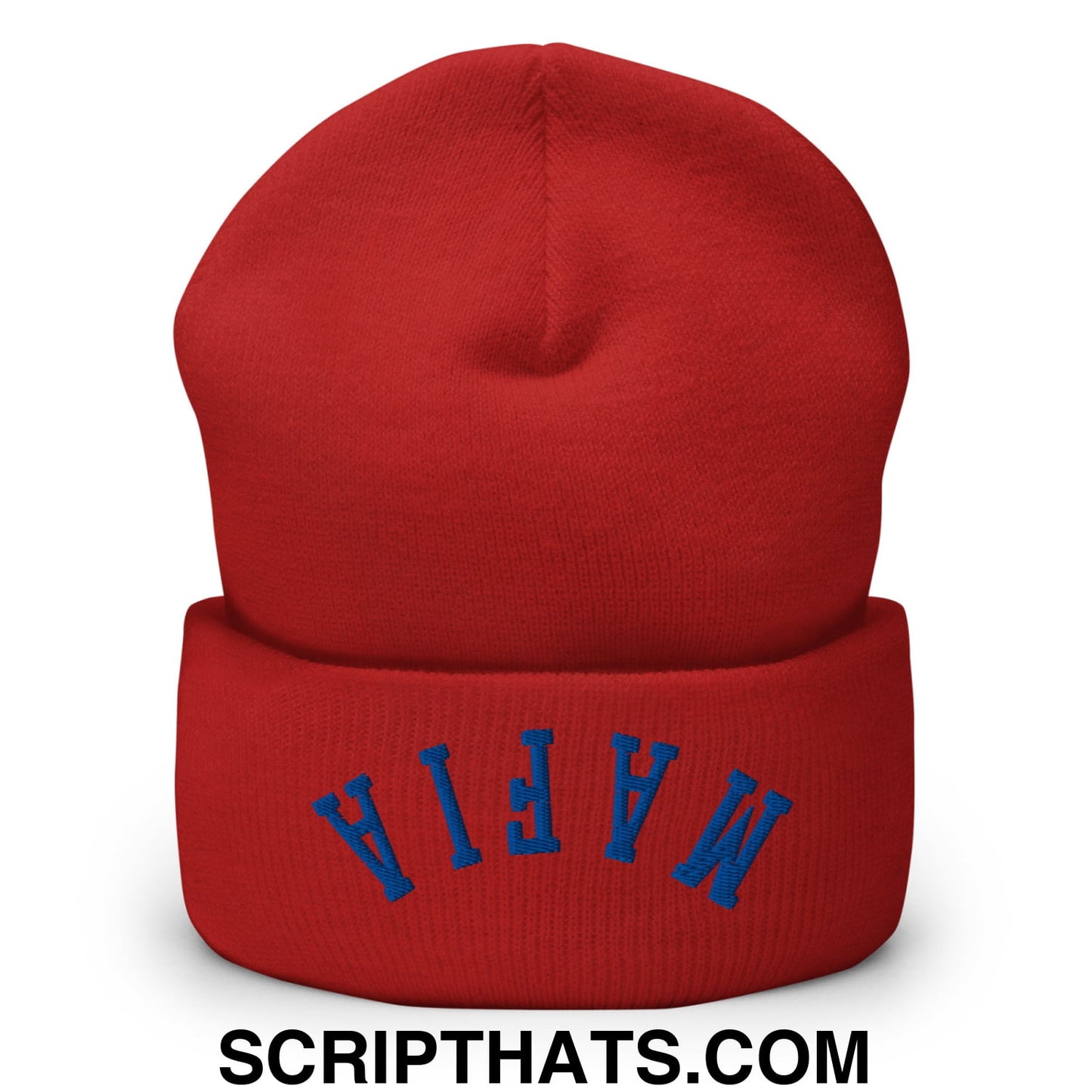 Upside Down Mafia Football Embroidered Cuffed Knit Beanie Red