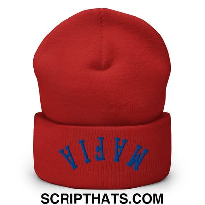Upside Down Mafia Football Embroidered Cuffed Knit Beanie Red