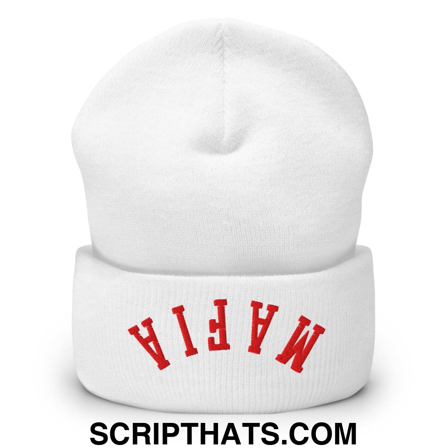 Upside Down Mafia Football Embroidered Cuffed Knit Beanie White