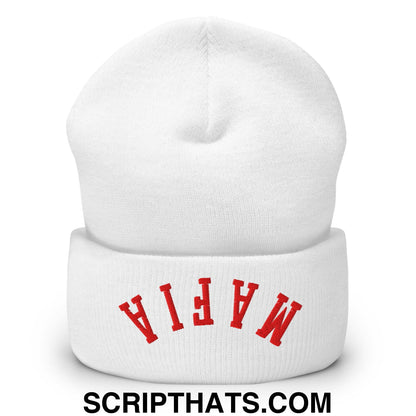 Upside Down Mafia Football Embroidered Cuffed Knit Beanie White