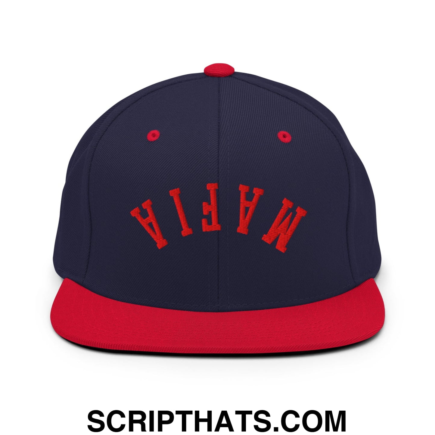 Upside Down Mafia Football Embroidered Flat Bill Brim Snapback Hat Navy Red