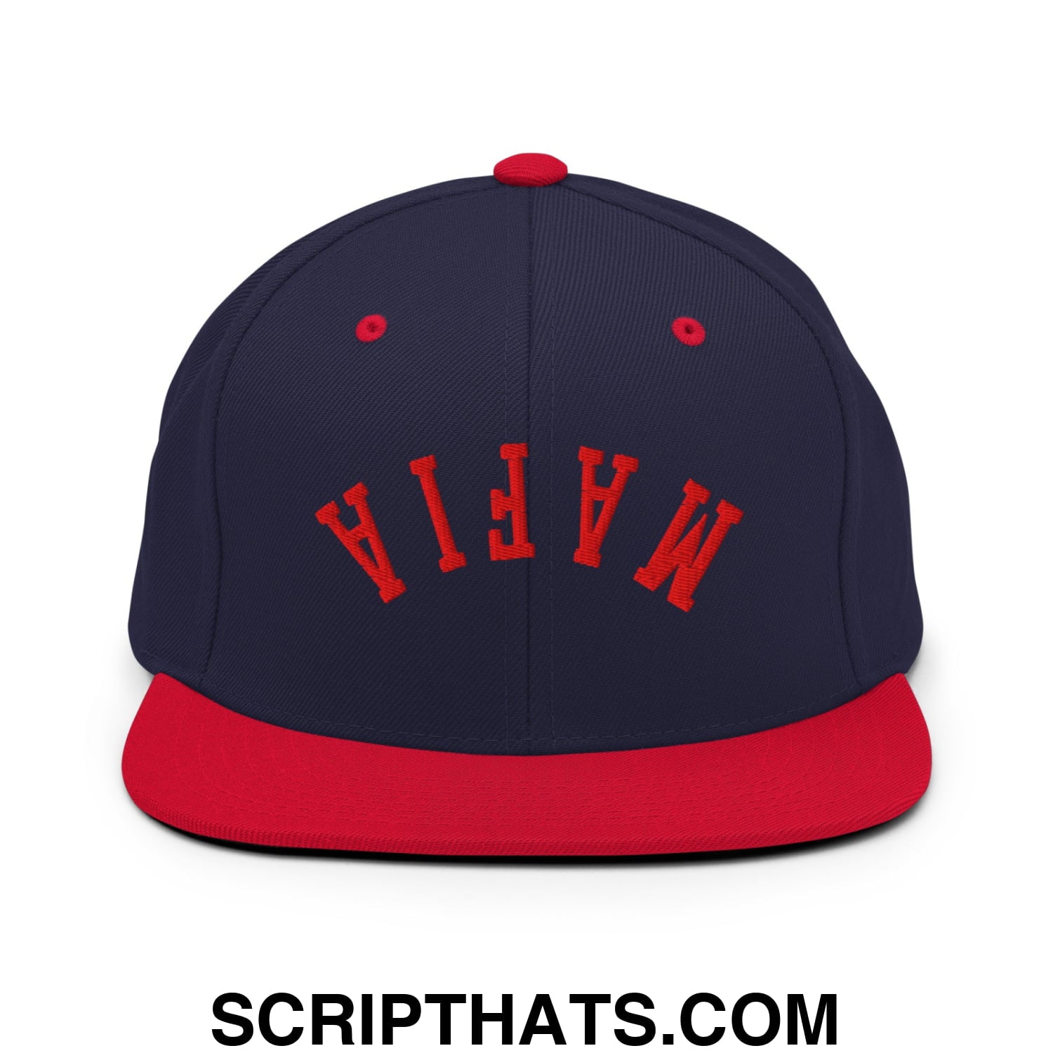 Upside Down Mafia Football Embroidered Flat Bill Brim Snapback Hat Navy Red