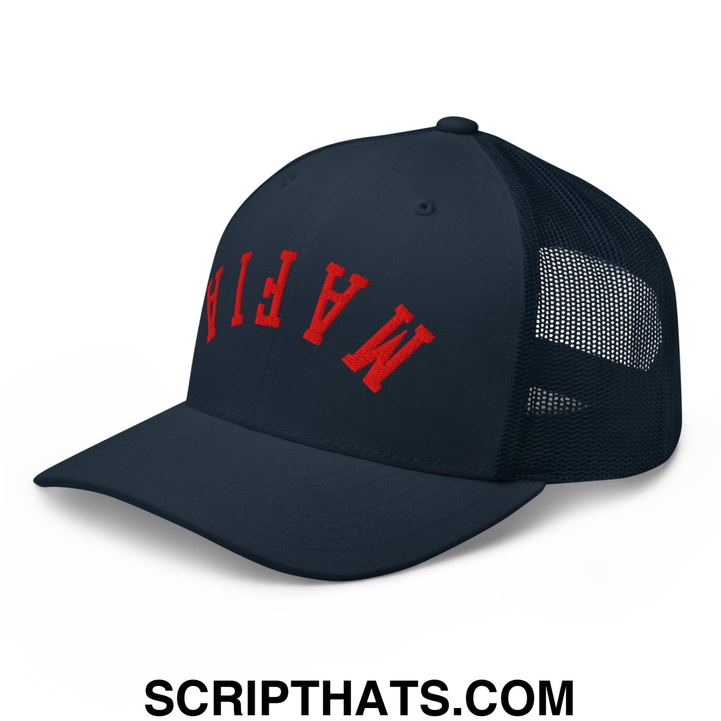 Upside Down Mafia Football Embroidered Mesh Trucker Hat Navy