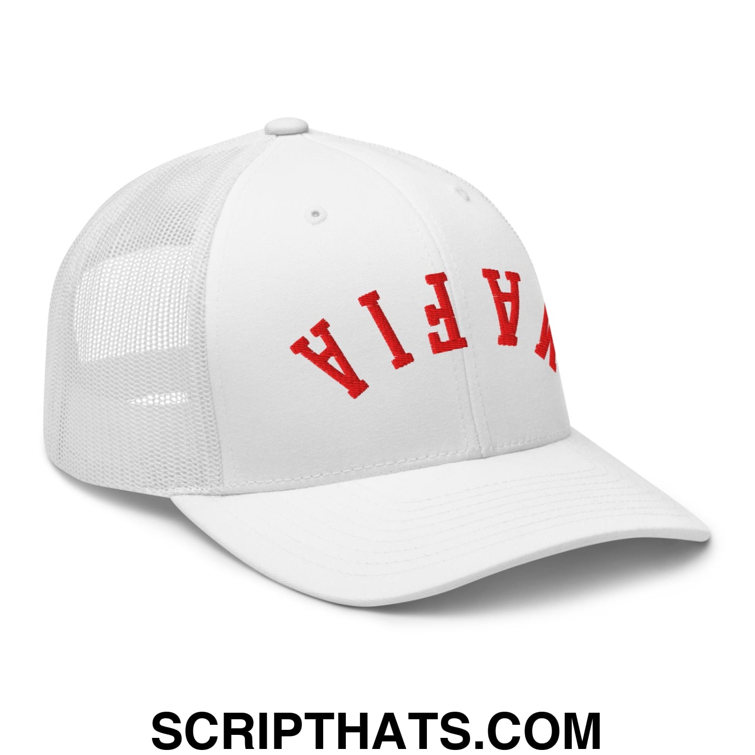 Upside Down Mafia Football Embroidered Mesh Trucker Hat White