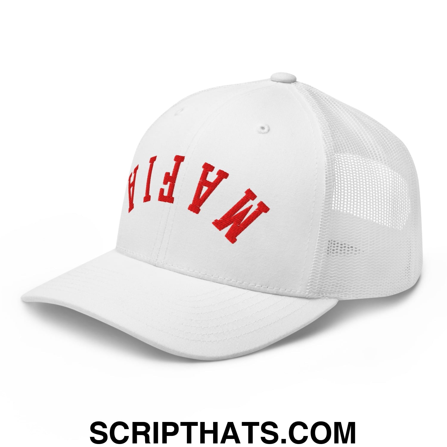 Upside Down Mafia Football Embroidered Mesh Trucker Hat White