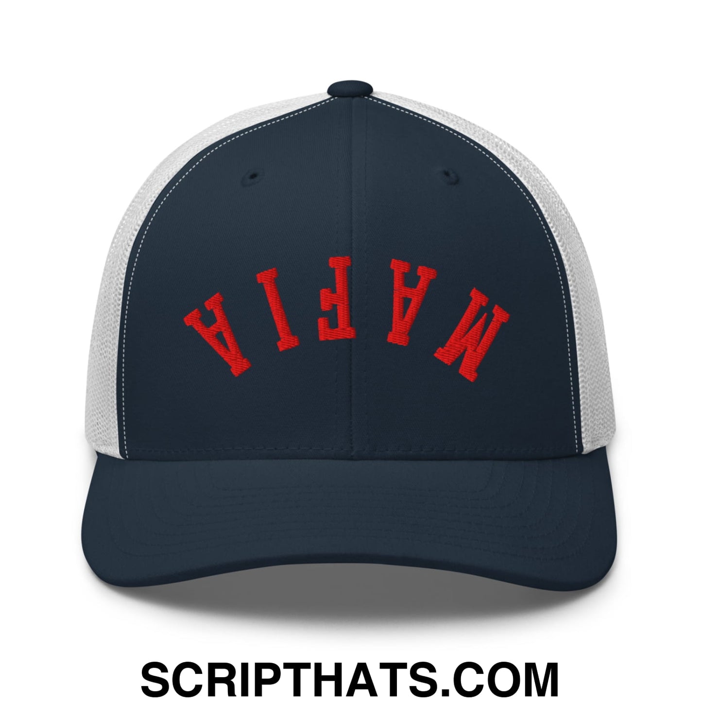 Upside Down Mafia Football Embroidered Mesh Trucker Hat Navy White
