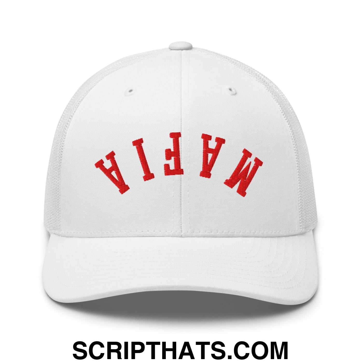 Upside Down Mafia Football Embroidered Mesh Trucker Hat White