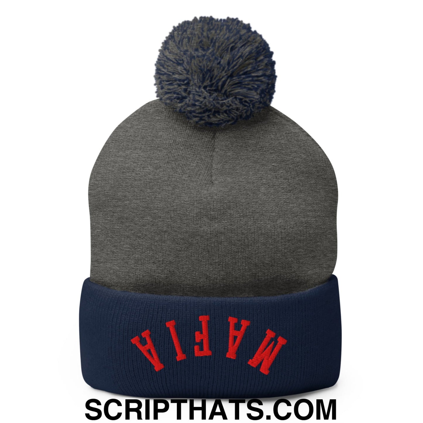 Upside Down Mafia Football Embroidered Pom Pom Knit Beanie Dark Heather Grey Navy