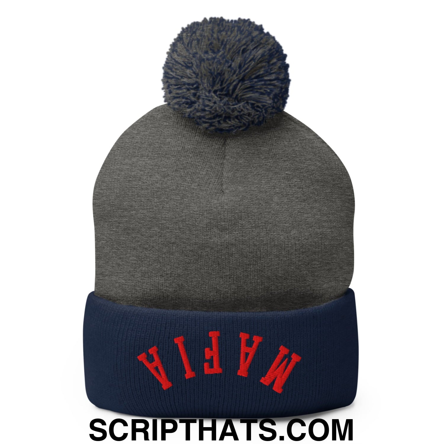 Upside Down Mafia Football Embroidered Pom Pom Knit Beanie Dark Heather Grey Navy