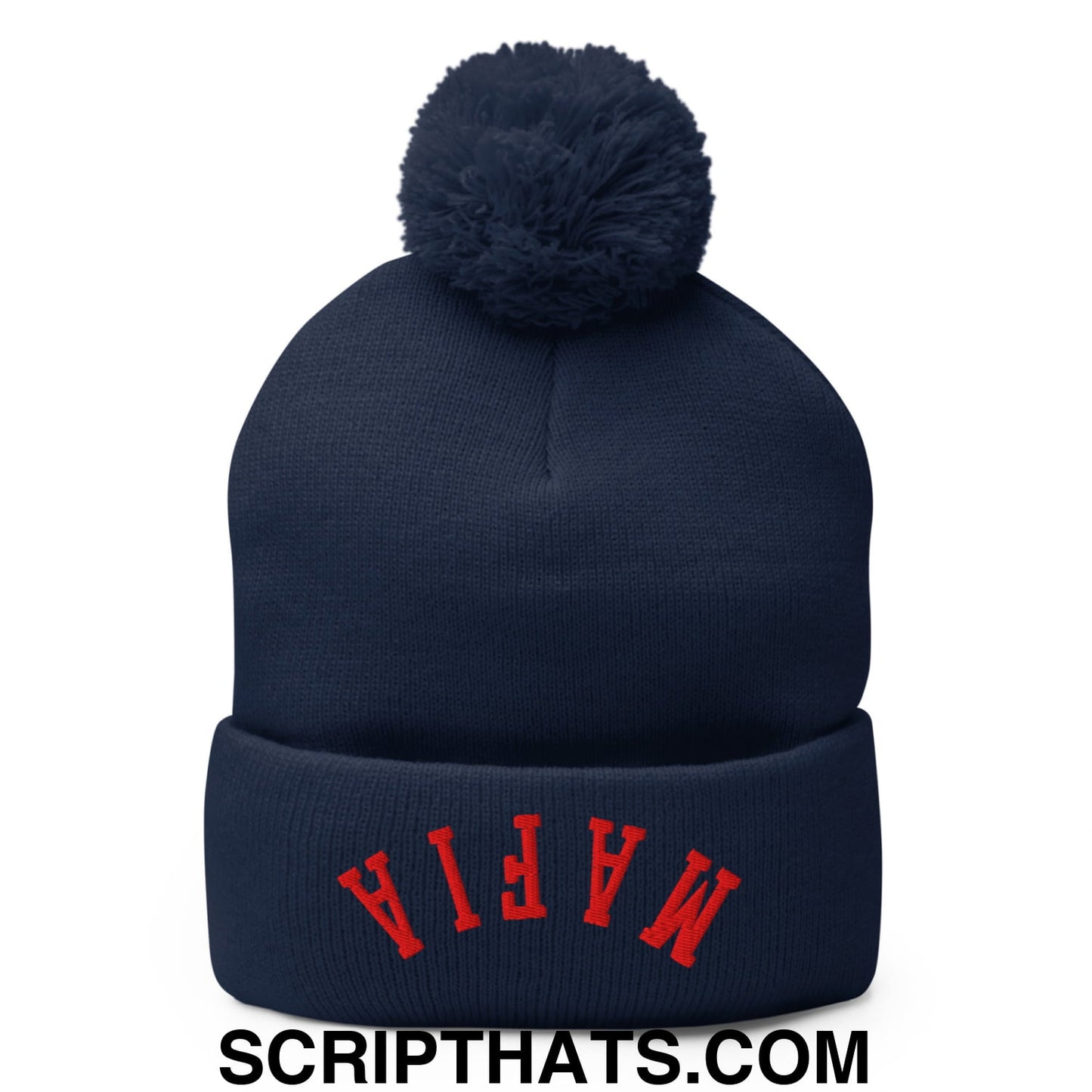 Upside Down Mafia Football Embroidered Pom Pom Knit Beanie Navy