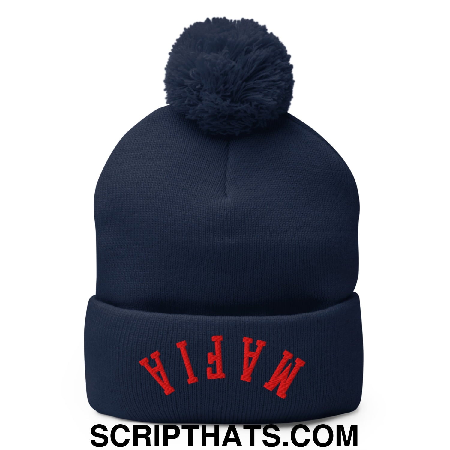 Upside Down Mafia Football Embroidered Pom Pom Knit Beanie Navy