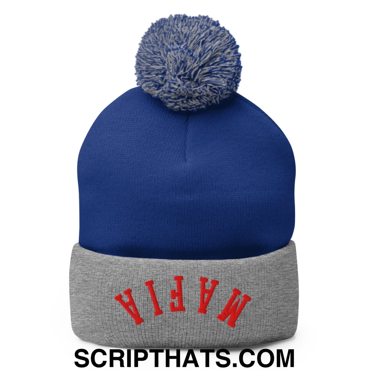 Upside Down Mafia Football Embroidered Pom Pom Knit Beanie Royal Heather Grey