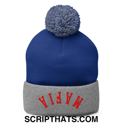 Upside Down Mafia Football Embroidered Pom Pom Knit Beanie Royal Heather Grey
