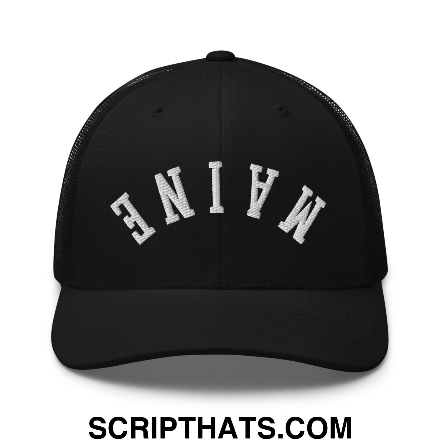 Upside Down Maine Embroidered Mesh Trucker Hat Black
