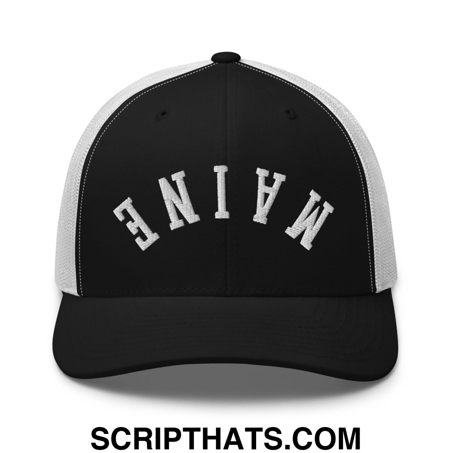 Upside Down Maine Embroidered Mesh Trucker Hat Black White