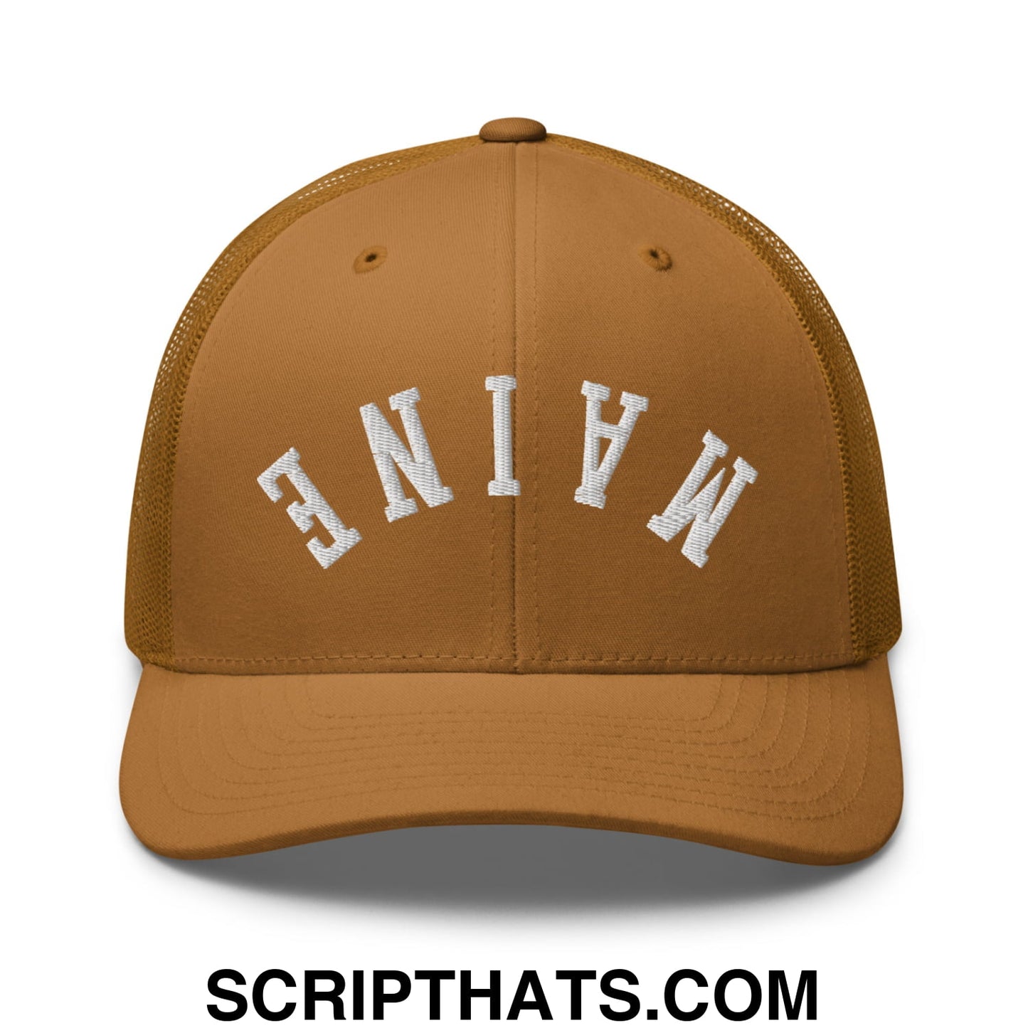 Upside Down Maine Embroidered Mesh Trucker Hat Caramel