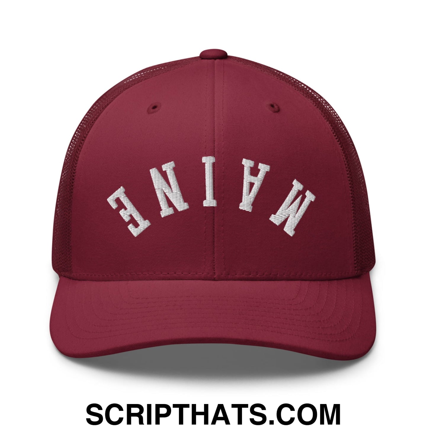 Upside Down Maine Embroidered Mesh Trucker Hat Cranberry